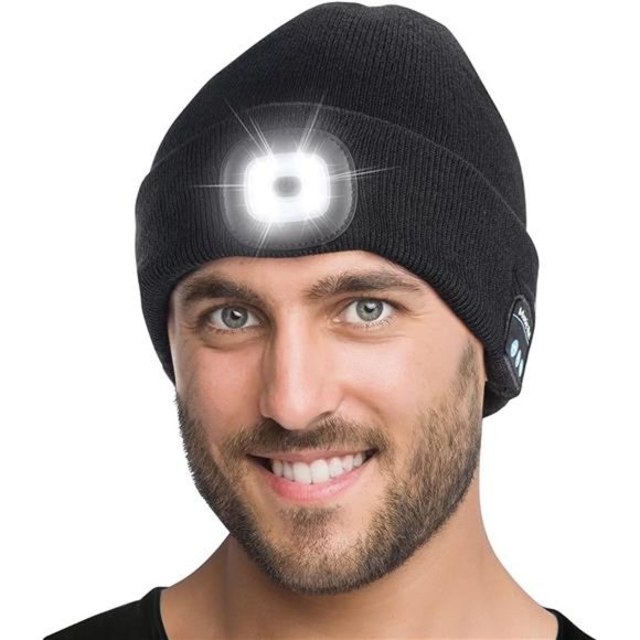 Tutuko Unisex Bluetooth Beanie Hat with Light Built-in Speaker Mic, Headlamp Cap